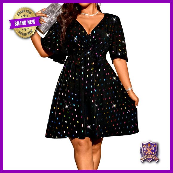 Plus Size Sequin Wrap Dress Short Sleeve Belted Cocktail Party